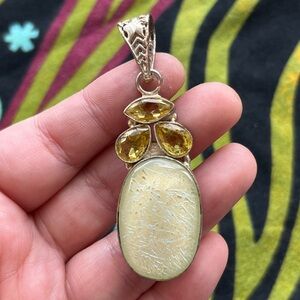 Artisan Boho Yellow Art Glass Silver Tone Metal Chunky Statement Pendant